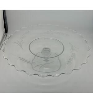 Vintage Clear Glass Cake Stand Scalloped Edge‎ Wheat Etched Pedestal Cake Plate